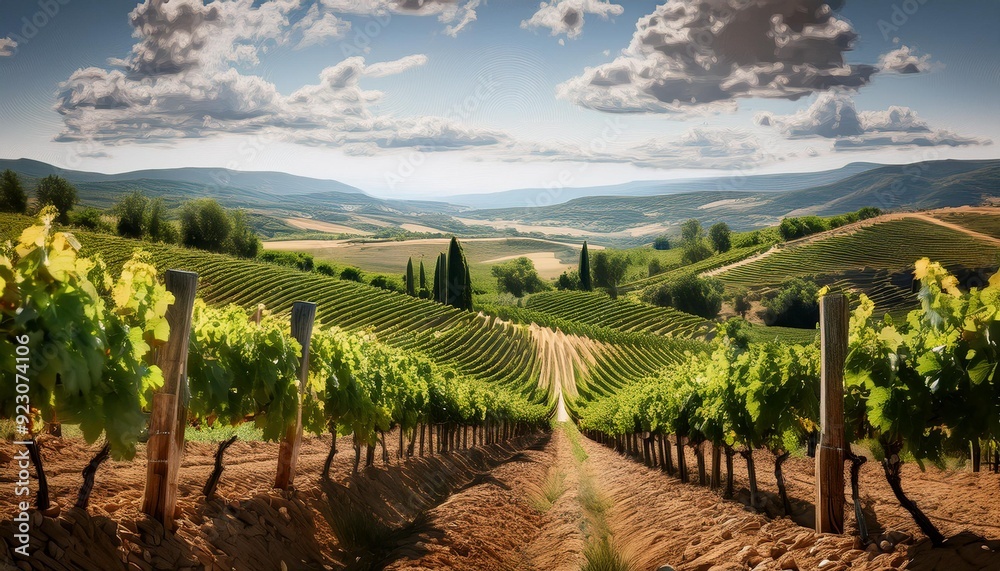 Fototapeta premium An illustration of a picturesque vineyard with rows of grapevines and a simple backdrop to h