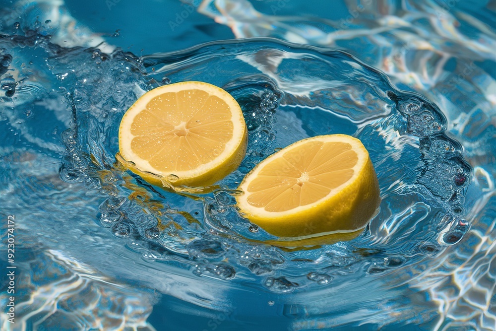 Two parts of bright yellow fresh citrus lemon fruit in blue pool with water wave motion Two parts of bright yellow fresh citrus lemon fruit in blue pool with water wave motion