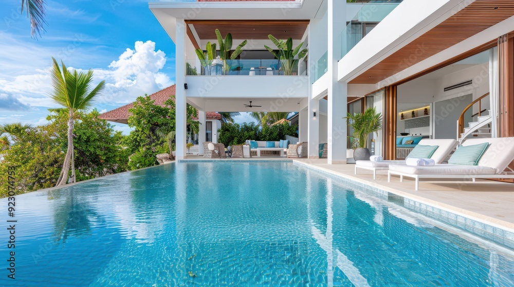 Fototapeta premium Luxury beachfront villa with infinity pool, ultimate vacation retreat.