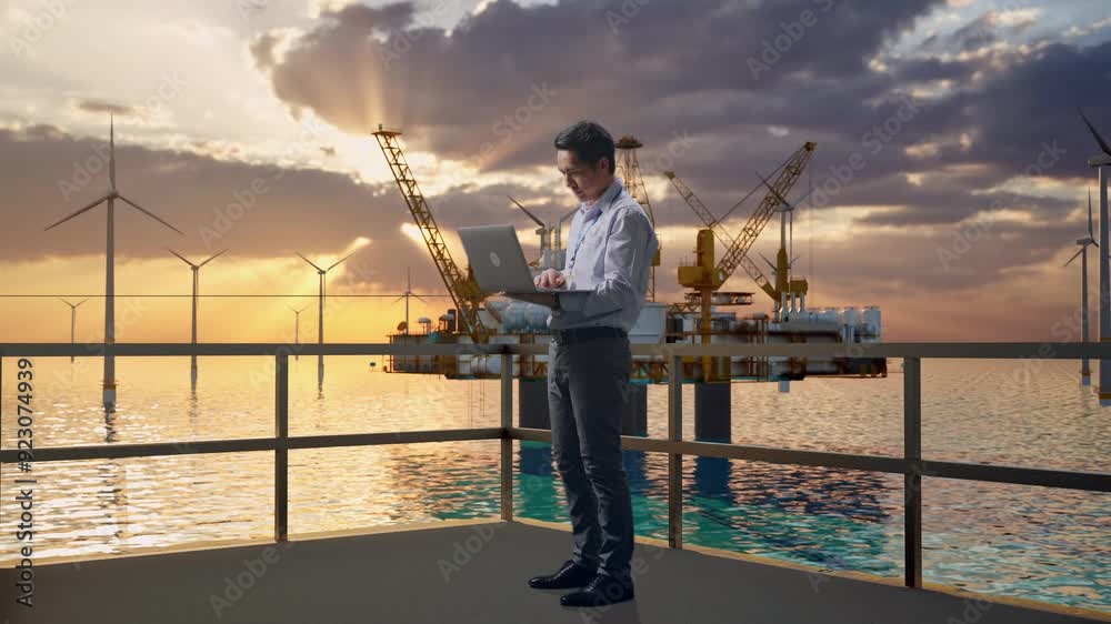 Full Body Side View Of An Asian Male Professional Worker Standing With His Laptop With Offshore Hydrogen Production, High-tech Industrial Facility, Typing On His Laptop'S Keybaord With Meditation Full Body Side View Of An Asian Male Professional Worker Standing With His Laptop With Offshore Hydrogen Production, High-tech Industrial Facility, Typing On His Laptop'S Keybaord With Meditation