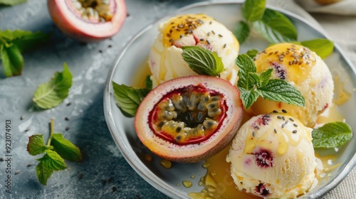 A plate of ice cream scoops with passion fruit and mint leaves, drizzled with syrup.