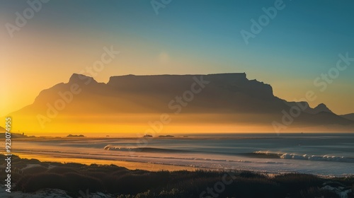 Table Mountain at sunrise, with golden light illuminating its flat-topped peak and casting long shadows across Cape Town.