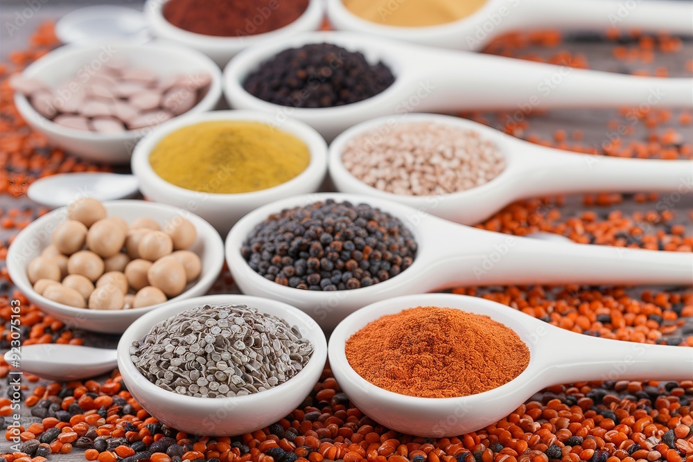 collection set of spices with beans, legumes, peas, lentils, poppy and pepper collection set of spices with beans, legumes, peas, lentils, poppy and pepper