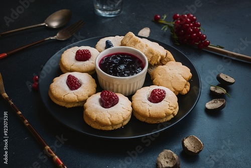 Kurabye shortbread cookies with berry jam in a black plate photo