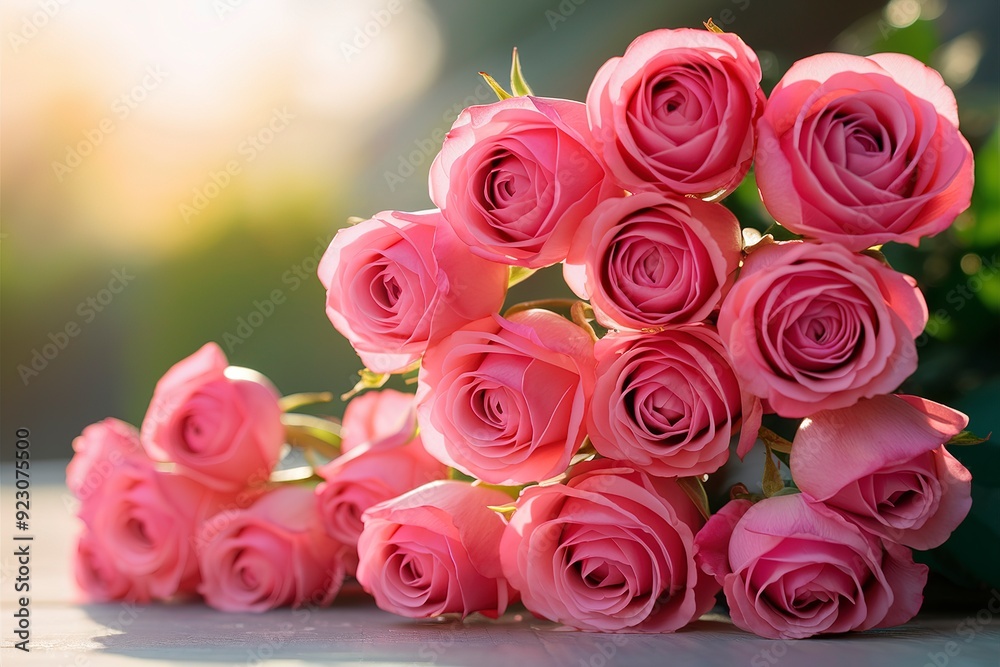 Pink coral roses in the morning light garden on blur background Pink coral roses in the morning light garden on blur background