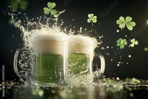 Flying two green beer mugs creating a splash, four leaf clover flying around, on a black background. Drinks to celebrate st patrick's day, oktoberfest, while watching sports games. photo