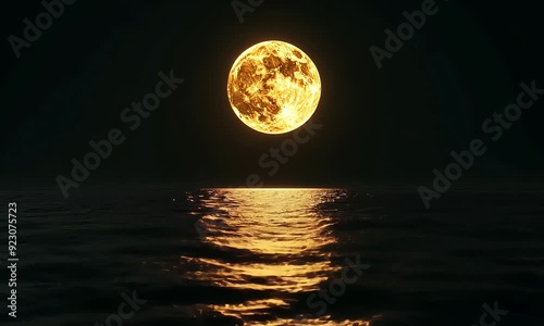 Golden Full Moon Reflecting on Calm Ocean at Night