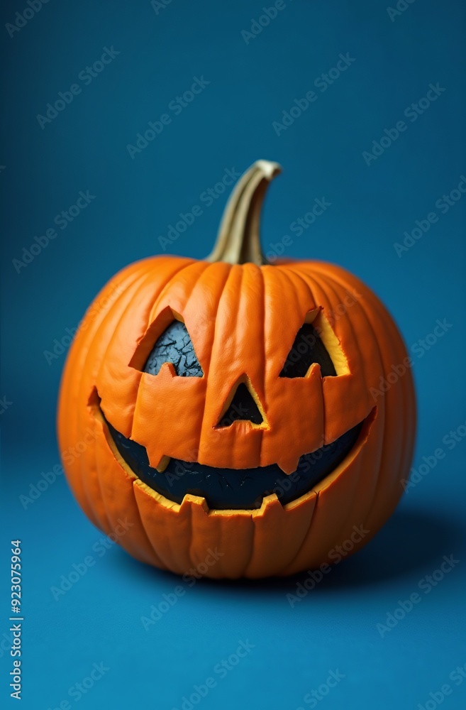 Decorated pumpkin, spooky face, vibrant orange, blue background, Halloween concept, festive decor, seasonal relevance, emotional appeal, versatile use, copy space. Decorated pumpkin, spooky face, vibrant orange, blue background, Halloween concept, festive decor, seasonal relevance, emotional appeal, versatile use, copy space.