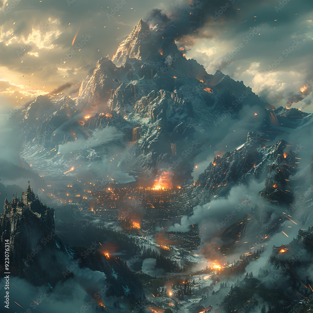 Ominous Landscapes Under Dark Skies, Foreboding Mountains and Valleys Shrouded in Shadow Ominous Landscapes Under Dark Skies, Foreboding Mountains and Valleys Shrouded in Shadow