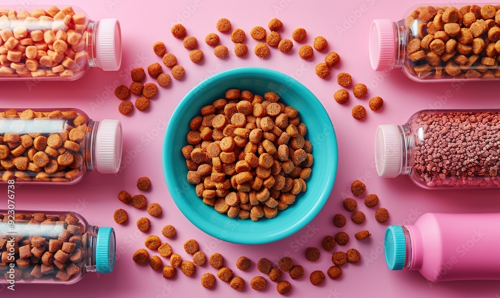frame of pet supplies arranged on a vibrant pink background flat lay bowl of dry food pet grooming tools playful toys.