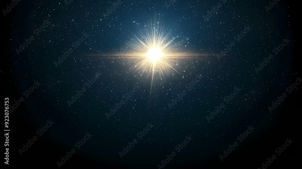 A bright star with rays of light shining in a dark night sky filled with scattered white stars. A bright star with rays of light shining in a dark night sky filled with scattered white stars.