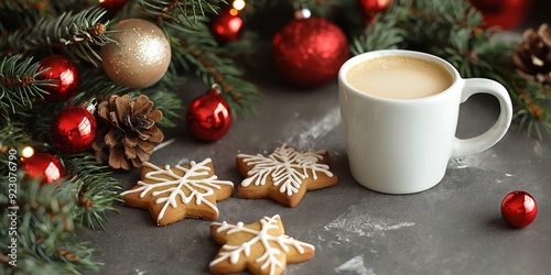 Christmas themed photo of coffee and Christmas cookies on table