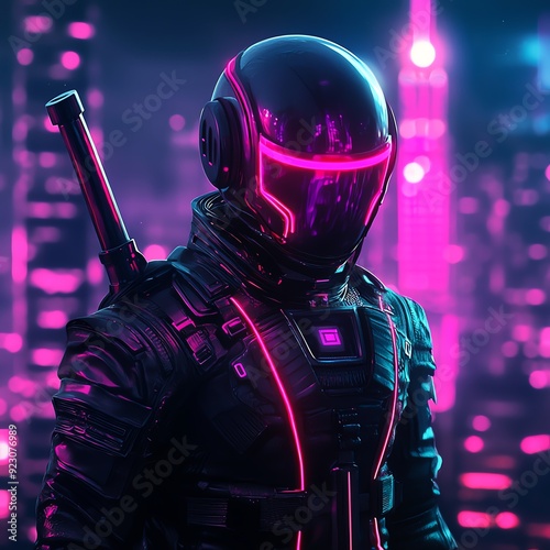 Cyberpunk samurai, holographic sword, neoninfused cyber city, dark sky photo