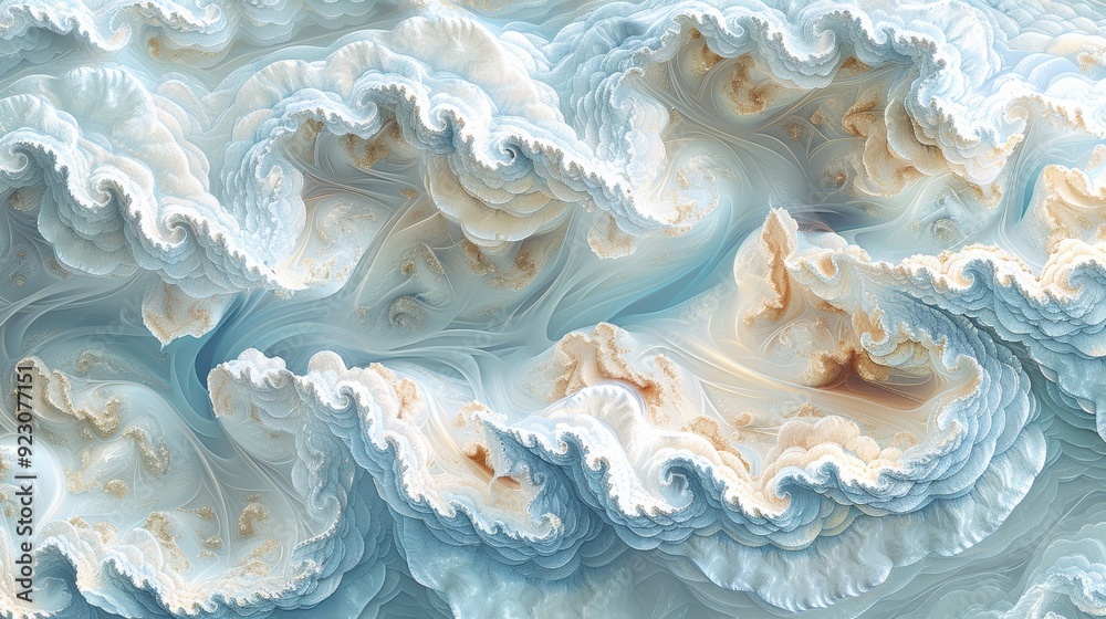 Swirling abstract patterns in soft blue and cream colors resembling ocean waves Swirling abstract patterns in soft blue and cream colors resembling ocean waves