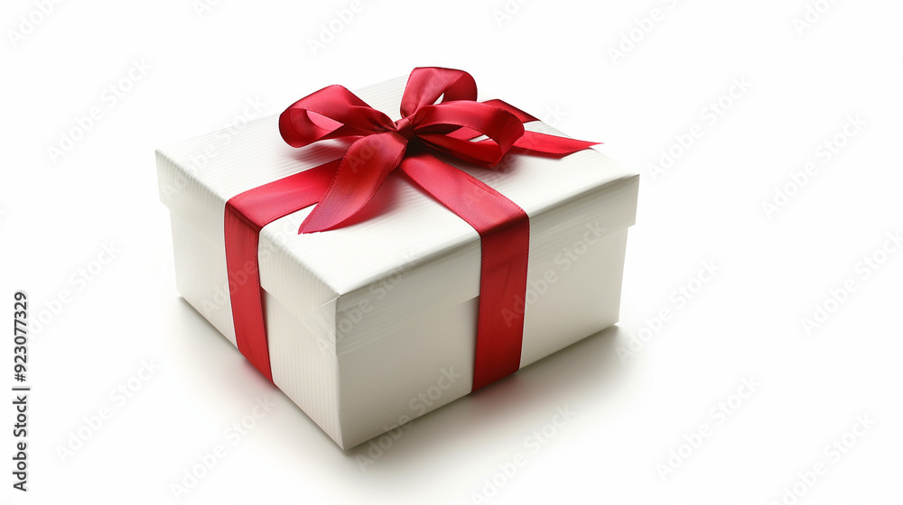 Obraz premium White gift box with red bow . isolated on white background, White gift box with a red bow on white background. 3D rendering, White gift boxes with red ribbon on pink background. 3d rendering. 