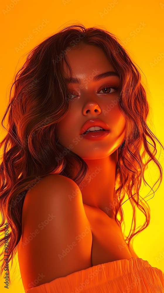 Portrait of a woman with wavy hair, backlit by warm light, creating a golden glow and a dramatic, ethereal effect. Portrait of a woman with wavy hair, backlit by warm light, creating a golden glow and a dramatic, ethereal effect.