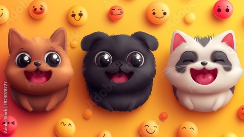 3d rendering Happy Dogs and Cats Emoticons on Bright Background, Charming emoticons of happy dogs and cats with bright, excited expressions, set against a vibrant background
