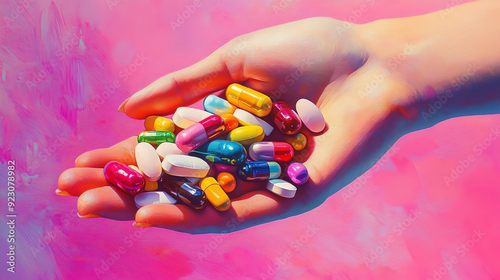 A vibrant image of a hand holding a variety of colorful pills against a pink background, representing medicine, healthcare, and pharmaceutical concepts. A vibrant image of a hand holding a variety of colorful pills against a pink background, representing medicine, healthcare, and pharmaceutical concepts.