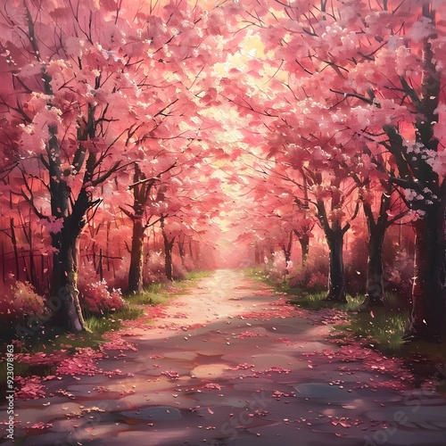 Cherry Blossom Lined Avenue with Warm Sunset Glow and Drifting Petals