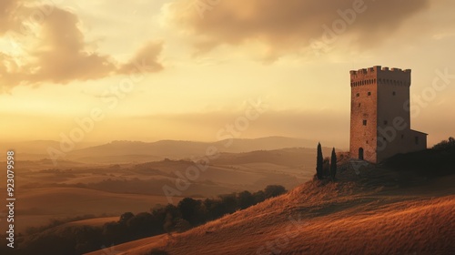 The imposing silhouette of a medieval tower amidst rolling hills, with a sense of ancient history and a panoramic view from its top photo