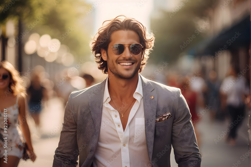 A man wearing a suit and sunglasses is smiling and walking down a street A man wearing a suit and sunglasses is smiling and walking down a street