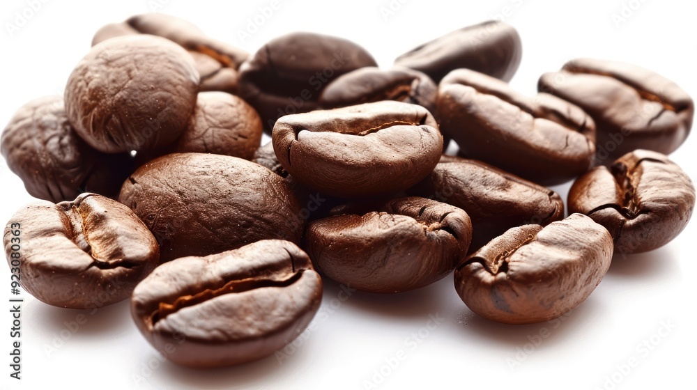A close-up view of dark roasted coffee beans with rich textures, showing the details of their shiny surfaces against a white background.