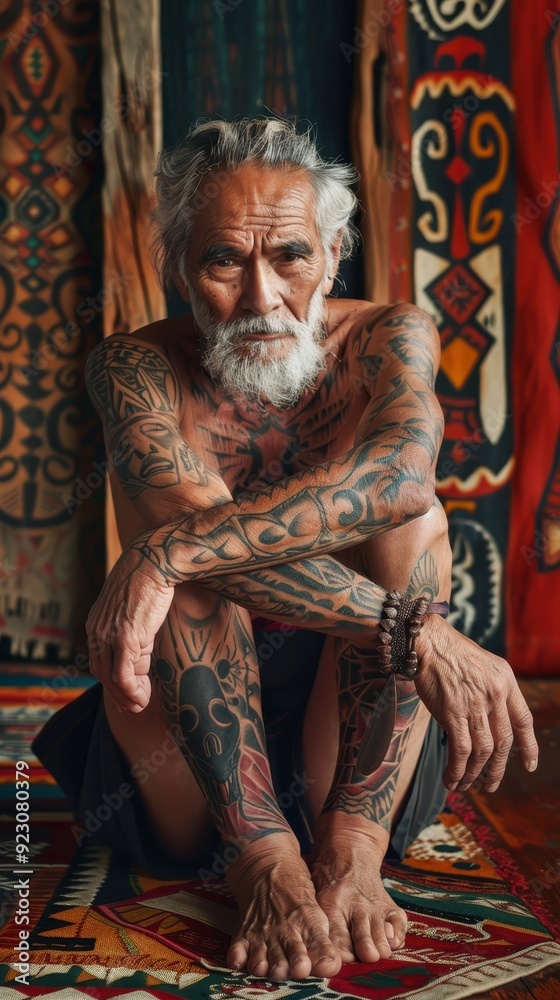 An elderly man with extensive tattoos sits cross-legged, surrounded by colorful traditional decor