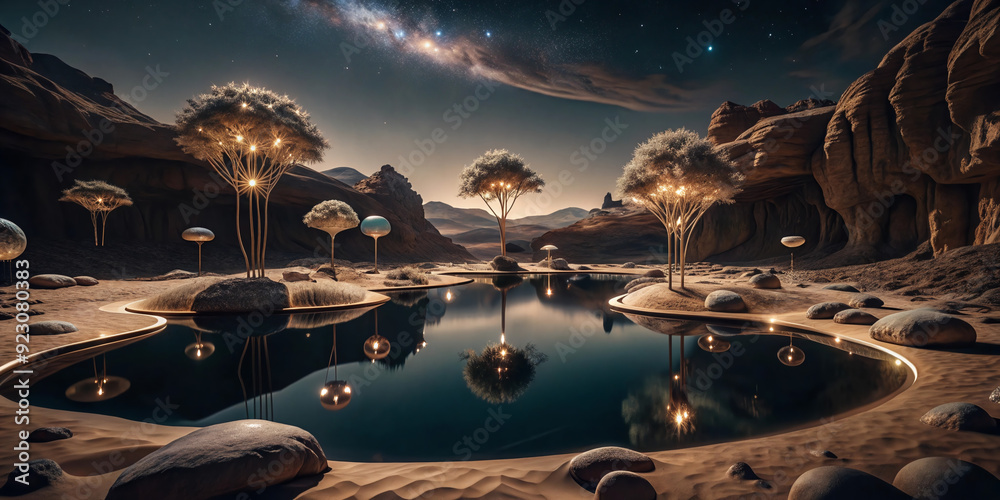 Serene Alien Oasis: An ethereal landscape with glowing trees and reflective orbs, illuminated by a galaxy of stars. The still waters of a pond reflect the otherworldly beauty of this alien paradise. Serene Alien Oasis: An ethereal landscape with glowing trees and reflective orbs, illuminated by a galaxy of stars. The still waters of a pond reflect the otherworldly beauty of this alien paradise.