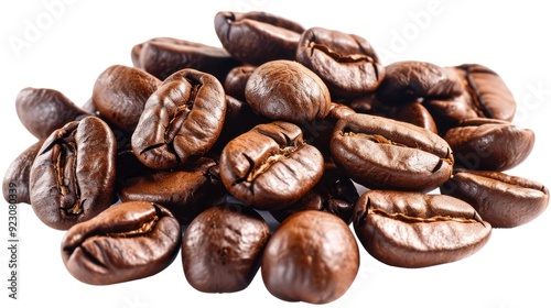 A close-up view of roasted coffee beans with rich, dark color, showing their textures and oily surfaces against a white background.