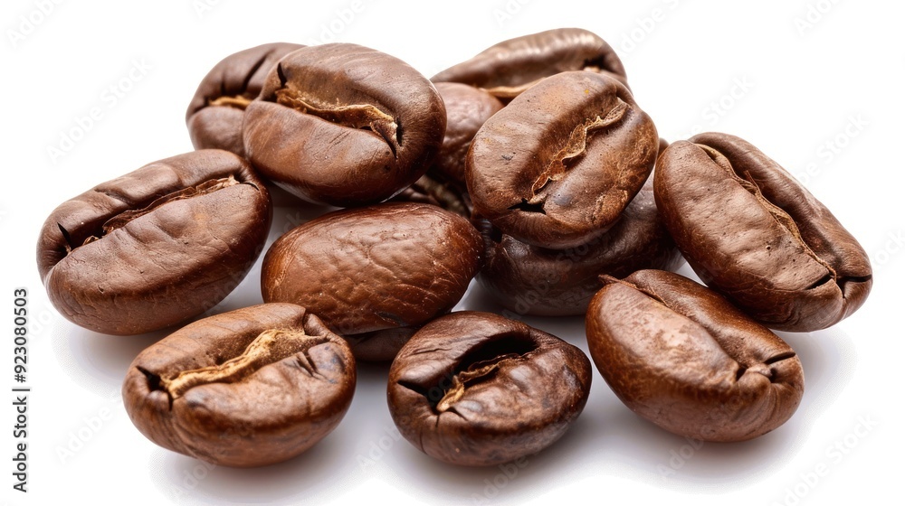 A close-up of roasted coffee beans with rich brown color and textured surfaces isolated on a white background, representing a raw ingredient for coffee beverages. A close-up of roasted coffee beans with rich brown color and textured surfaces isolated on a white background, representing a raw ingredient for coffee beverages.