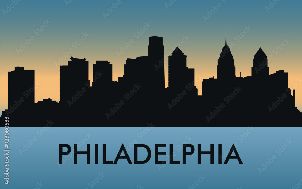 Fototapeta premium Philadelphia. The city skyline. Silhouettes of buildings. The sunset of the day. Vector on a blue background