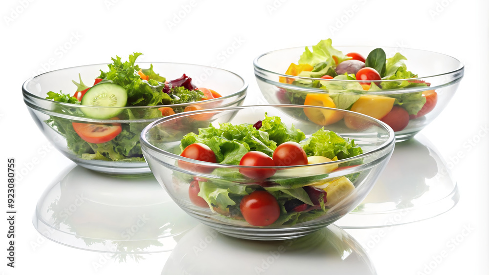 Fresh Salad in Glass Bowls: A vibrant and healthy salad with fresh lettuce, tomatoes, and olives is served in elegant glass bowls. Perfect for showcasing healthy eating and a vibrant lifestyle. Fresh Salad in Glass Bowls: A vibrant and healthy salad with fresh lettuce, tomatoes, and olives is served in elegant glass bowls. Perfect for showcasing healthy eating and a vibrant lifestyle.