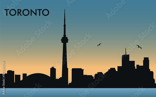 Toronto. The city skyline. Silhouettes of buildings. The sunset of the day. Vector on a blue background	