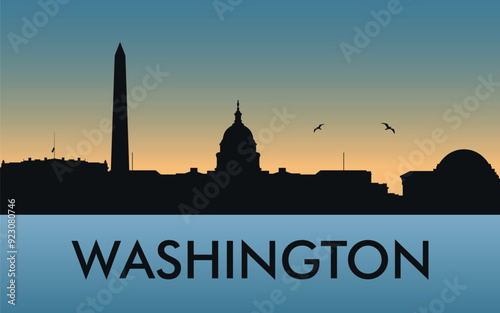 Washington. The city skyline. Silhouettes of buildings. The sunset of the day. Vector on a blue background	