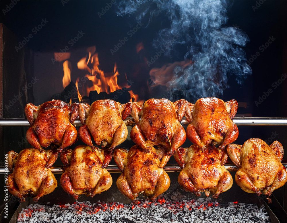 Many grilled chicken on the grill, on the rotisserie