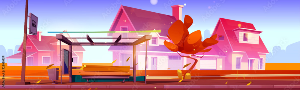 Φωτογραφία Autumn suburban landscape with cozy houses on neighborhood street, pedestrian and bus stop, trees with orange leaves and grass
