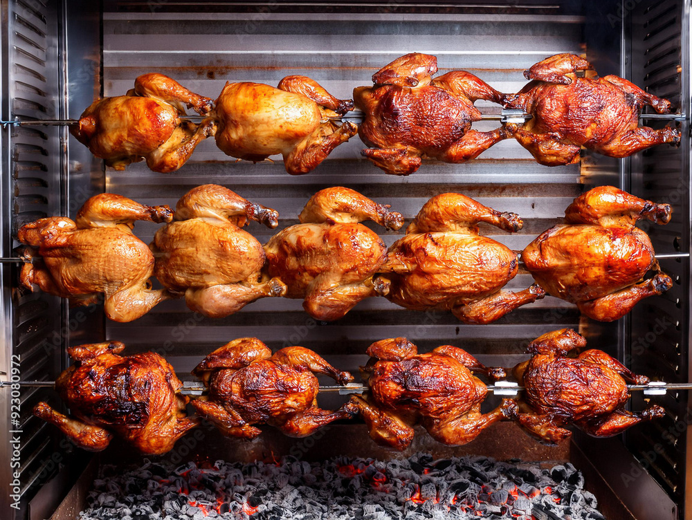 Many grilled chickens. Rotisserie chicken