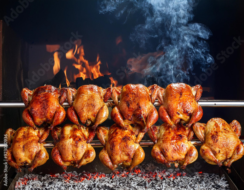 Obraz na płótnie Many grilled chicken on the grill, on the rotisserie w salonie