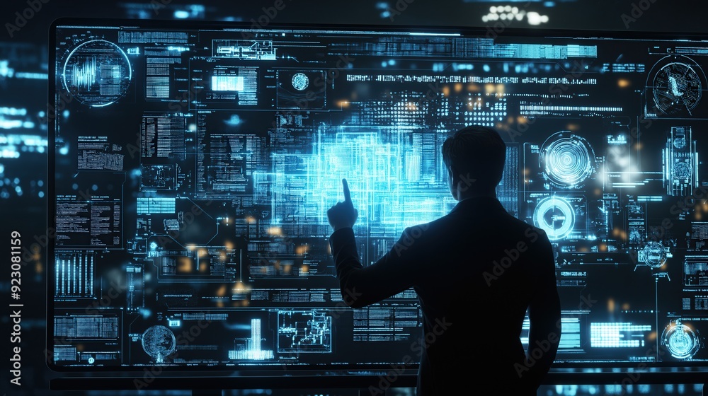 Fototapeta premium Silhouette of businessman pointing at futuristic screen with hi-tech glowing hologram massive number of charts graphs business data in dark room