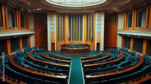 The interior of a legislative assembly hall with rows of seats, a central podium,