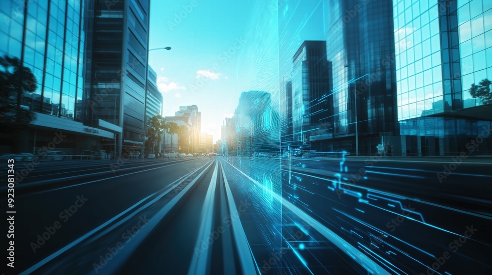 Fototapeta premium Artificial Intelligence AI circular interface in middle of city street next to office buildings surveillance of security camera