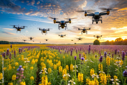 Drone Swarm Soaring Above a Field of Dreams: A captivating aerial photograph of a drone swarm flying in formation over a vibrant field of yellow and purple wildflowers against a backdrop of a breathta photo