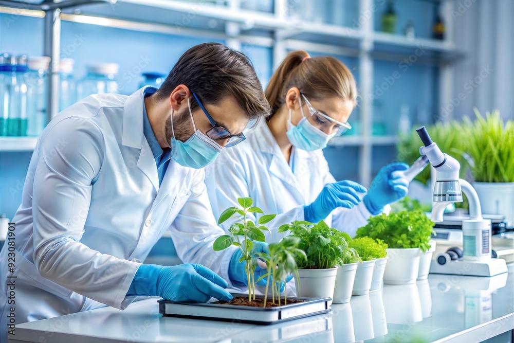 Scientific Exploration: A team of dedicated scientists diligently work in a modern lab, investigating plant growth and development. Their focus, precision, and cutting-edge equipment symbolize the pur Scientific Exploration: A team of dedicated scientists diligently work in a modern lab, investigating plant growth and development. Their focus, precision, and cutting-edge equipment symbolize the pur