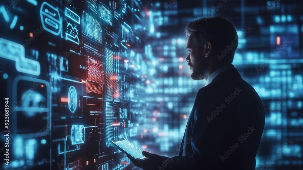Businessman looking at futuristic screen with glowing hologram charts graphs business data in dark room Caucasian male in suit Businessman looking at futuristic screen with glowing hologram charts graphs business data in dark room Caucasian male in suit
