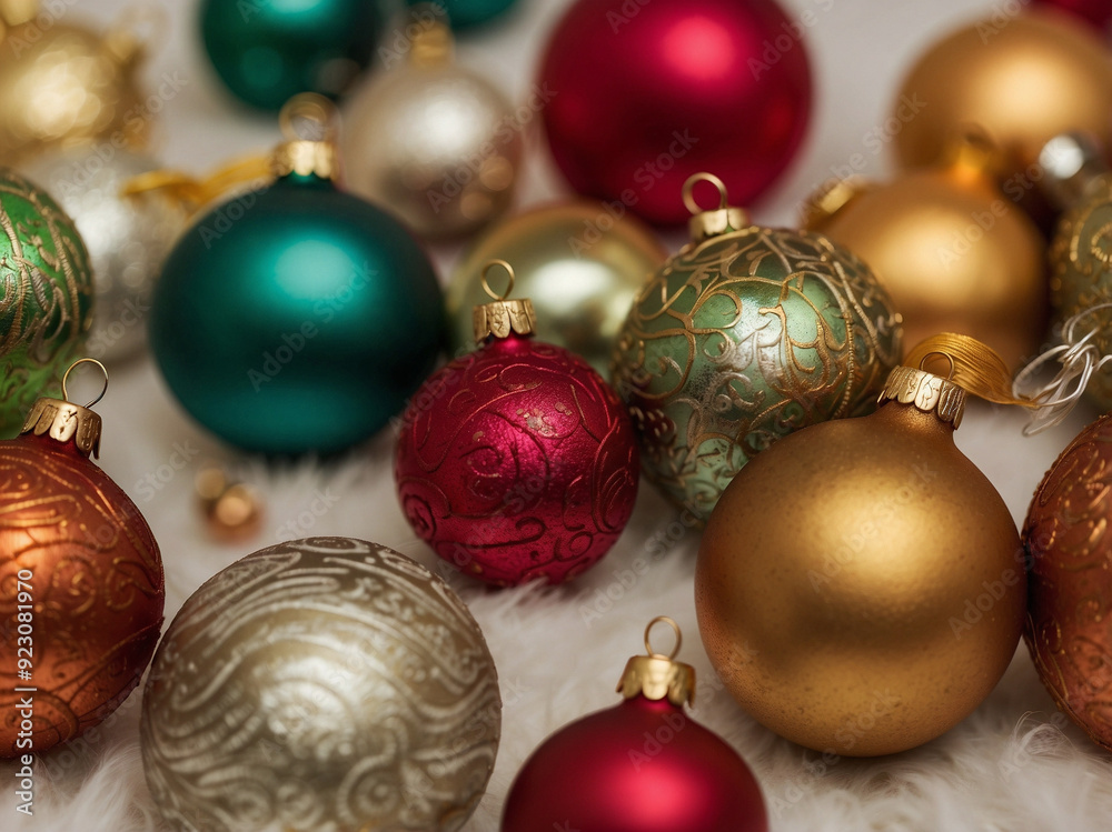 Festive Christmas ornaments with intricate designs on a wooden surface Festive Christmas ornaments with intricate designs on a wooden surface