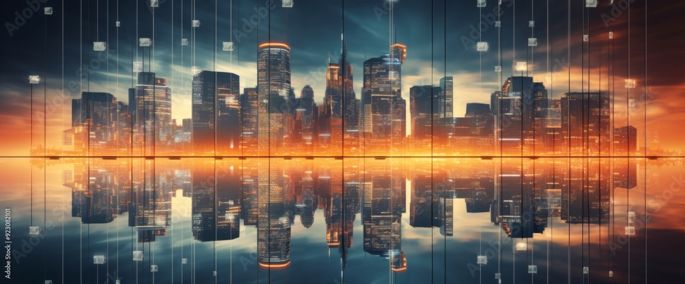 Fototapeta premium Futuristic cityscape with digital lines and data connections in the sky, wide-angle shot, city skyline at night with illuminated skyscrapers, futuristic technology concept, wide panorama. 