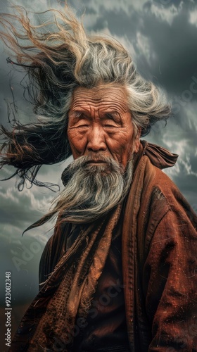 An elderly man stands resiliently in strong winds, surrounded by dark, swirling clouds