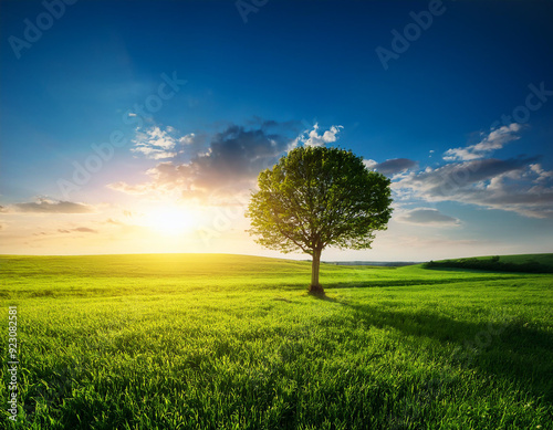 Landscape with an isolated tree on a field with green grass at sunrise