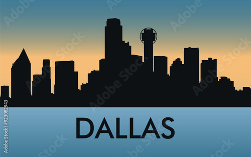 Dallas. The city skyline. Silhouettes of buildings. The sunset of the day. Vector on a blue background	