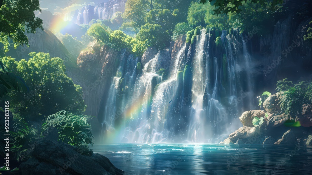 The majestic waterfall cascades over a rugged rock face, with the water creating a fine mist The majestic waterfall cascades over a rugged rock face, with the water creating a fine mist